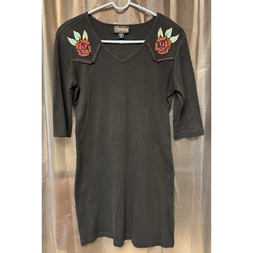 Vintage 90s Cattlelac Ranch Women's Dress/Tunic Embroidered Rose Western SZ M